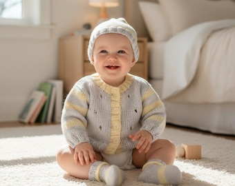 Hand Knit Baby Cardigan Set: Newborn Outfit, Beanie & Booties