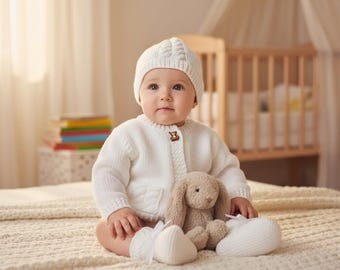 Hand-Knit Baby Outfit: baby Sweater, Hat & Booties - Teddy Bear Button