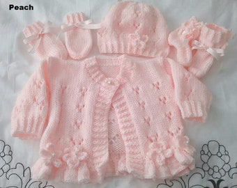 knitted girls frilly cardigan with matching headband, hat, mittens & Boots a great girls holiday outfit, baby girl gift or baby shower gift