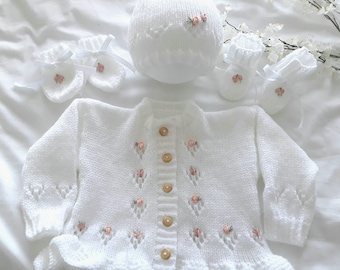 Unique hand knitted baby girls cardigan,Floral embroidery girl's sweater, Hand made baby cardigan, Toddler sweater, baby shower gift