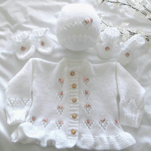 Unique hand knitted baby girls cardigan,Floral embroidery girl's sweater, Hand made baby cardigan, Toddler sweater, baby shower gift