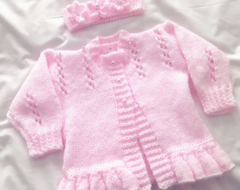 unique hand knitted baby girl cardigan, baby headband, toddler sweater, girls outfit, baby girl holiday sweater, Girl knitwear, baby shower