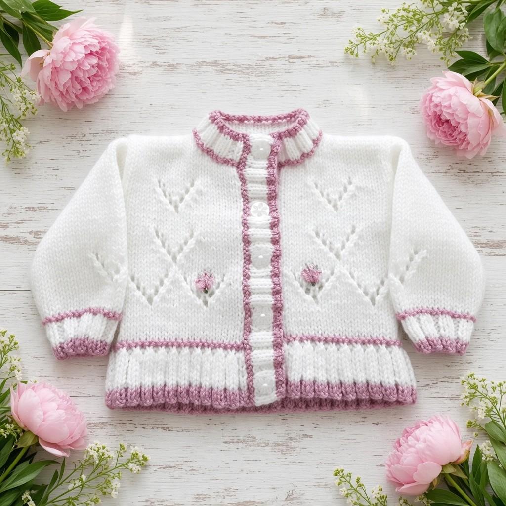 Hand Knitted Baby Girl Cardigan: Frilly Hem Sweater, Newborn or toddler Gift