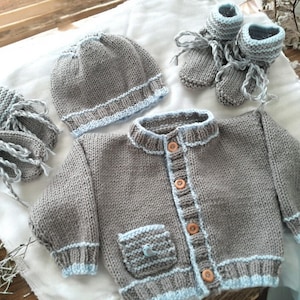 Hand-Knitted Baby Boy Outfit – Cardigan Set with hat, mittens and boots
