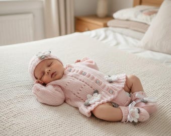 Può includere: Un bambino addormentato con un completo in maglia rosa chiaro, composto da cappello, cardigan e scarpine. L'outfit è adornato con elementi floreali e abbellimenti scintillanti. Il bambino è sdraiato su una coperta color crema.