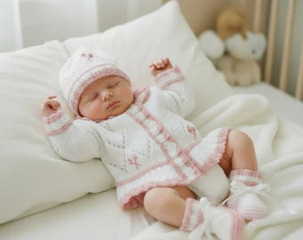 Hand knitted Baby Girl coming home outfit including cardigan, hat, mittens and boots, Embroidered baby shower gift