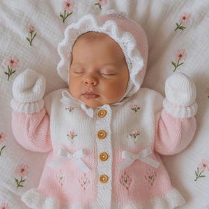 Hand-Knitted Baby Girl Coming Home Outfit – Newborn Knit Set with Cardigan, Hat, Booties & Mittens –  Baby Shower Gift