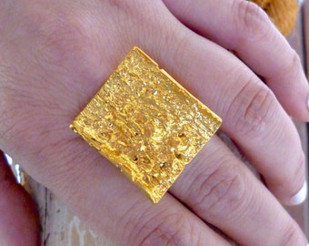 Oversized Gold Plated Statement Ring: Adjustable Rectangle Jewelry