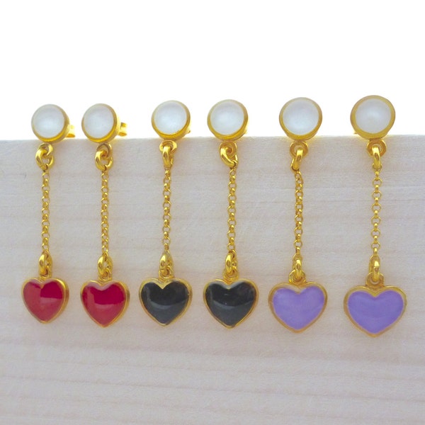 Chain Drop Red Heart Earrings Dangle, Gold Charm Heart Earrings, Enamel Heart Stud Earrings, Valentine Earring Heart Small, Gift for her