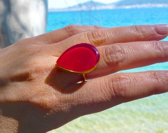 Teardrop Red Gold Resin Ring, Adjustable Everyday Ring, Big Statement Ring,Personalized Gift for Women, Enamel Jewelry