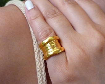 Gold Plated Brass Chevalier Ring: Adjustable Wide Band Statement Ring