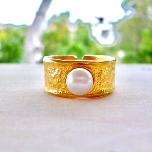 Freshwater Pearl Open Band Dainty Ring, Chunky Thick 24k Gold Plated Handmade Ring, Greek Minimal Non Tarnish Birthday Gifts for Women