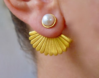Gold Fan Pearl Ear Jacket Earrings, Handmade Statement Wedding Jewelry