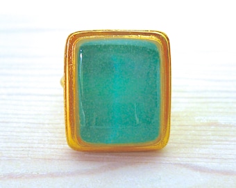 Personalized Gifts for Women, Square Turquoise Ring, Enamel Resin Jewelry, Elegant Ring, Brass or sterling silver ring, Modern Jewelry