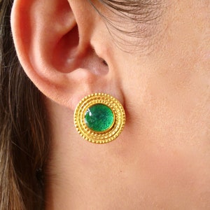 Button Gold Emerald Stud Earrings for Pierced Ears, Vintage Big Disc Circle Round Statement Handmade Jewelry, Unique Gifts For Women for mom