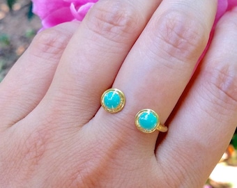 Open Cuff Turquoise Gold Ring, Personalized Gift for women, Dual Stone Ring, Minimalist Stackable Ring, Adjustable ring Enamel Resin Jewelry