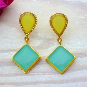 Turquoise Statement Dangle Earrings Gold, Geometric Earrings, Modern Handmade Unique Earrings, Bridesmaid Earrings, Gift for Women for her image 1