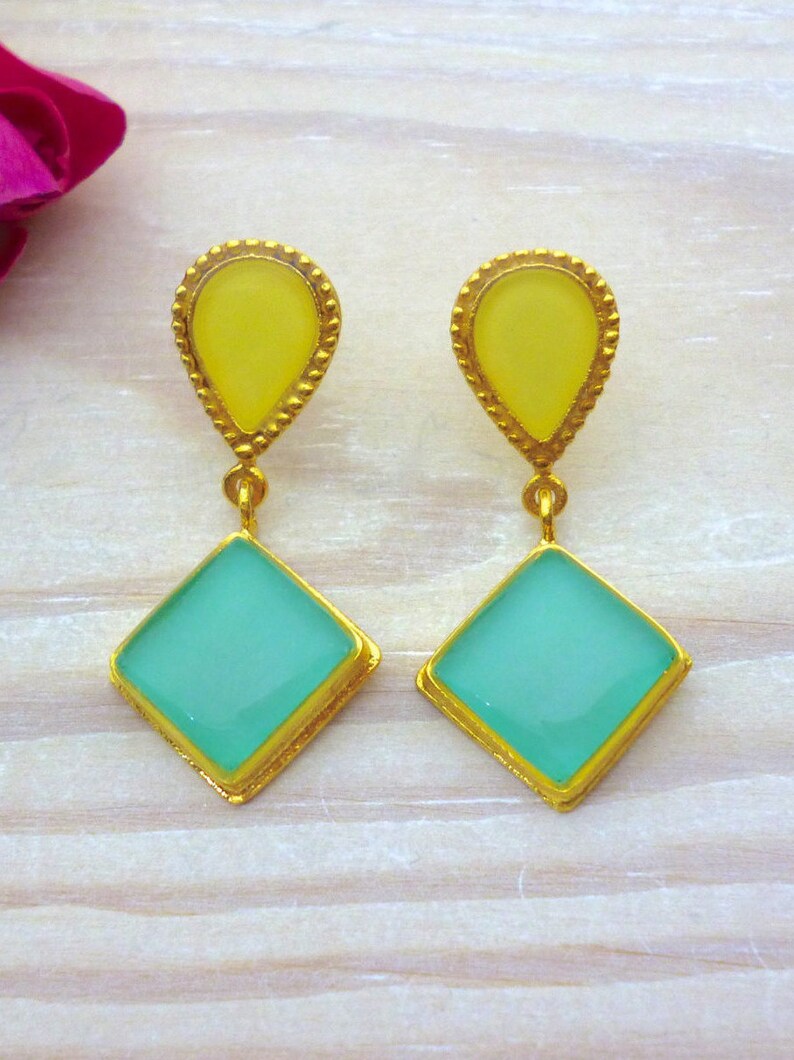 Turquoise Statement Dangle Earrings Gold, Geometric Earrings, Modern Handmade Unique Earrings, Bridesmaid Earrings, Gift for Women for her image 1