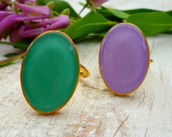 Handmade Big Oval Enamel Ring: Adjustable Gold Statement Jewelry