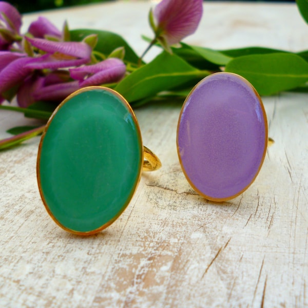 Handmade Big Oval Funky Ring, Large Stone Statement Adjustable Cool Gold Rings for Women, Unique Emerald Jewelry Gift, Mothers Day Gifts