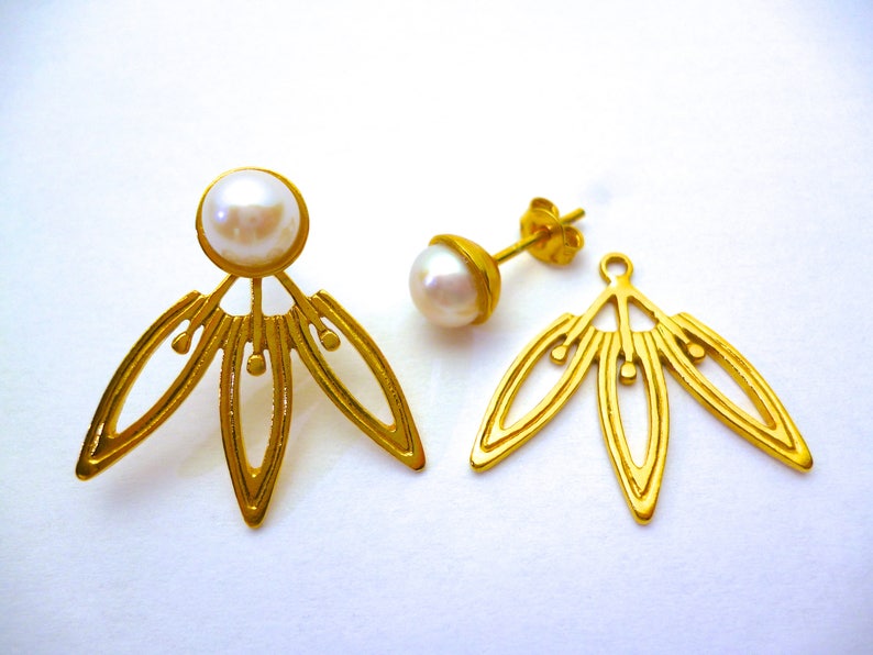 Gold Flower Ear Jacket Art Deco Earrings, Unique Pearl Earrings, Handmade and Modern Earring Jacket image 8