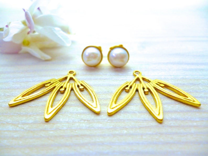 Gold Flower Ear Jacket Art Deco Earrings, Unique Pearl Earrings, Handmade and Modern Earring Jacket image 6