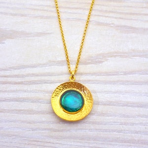 Teal Gold Chain Statement Necklace, Round Circle Necklace, Mothers Day Gift for Women for her, Enamel Resin Handmade Jewelry, Birthday Gift