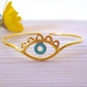 Personalized Evil Eye Gold Bracelet, Evil Eye Jewelry, Yellow Gold Evil Eye Bracelet, Brass or Sterling Silver, Greek Evil Eye Bangle Gifts