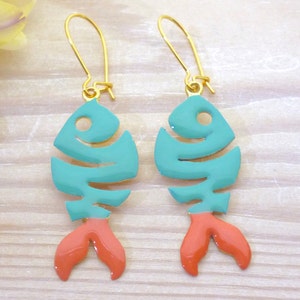 Fish Earrings Dangle, Animal Earrings, Fish Skeleton, Enamel Earrings, Ocean Marine,