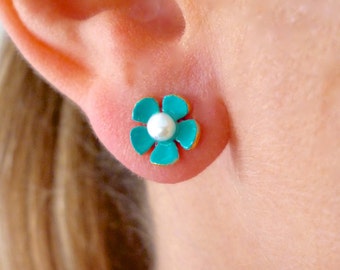 Handmade Enamel Flower Stud Earrings: Turquoise Pearl Center