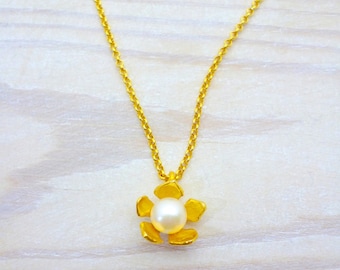 Handmade Pearl Flower Necklace: Gold or Silver Plated, Dainty Pendant