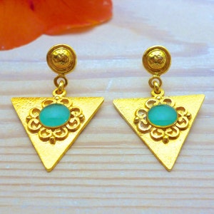 Stack Turquoise Gold Dangle Earrings Women, Enamel Hippie Drop Earrings Gold Deco Stone Triangle, Unique Handmade Vintage Turquoise Earrings