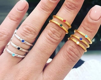 Adjustable Resin Stone Ring, Thin Minimalist Hammered Gold or Silver Band, Personalized Stacking Jewelry