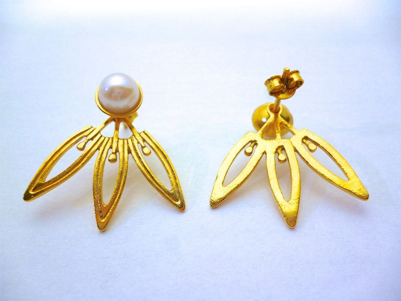 Gold Flower Ear Jacket Art Deco Earrings, Unique Pearl Earrings, Handmade and Modern Earring Jacket image 10