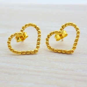 Gold Heart Stud Earrings, Heart Studs, Sterling Silver or Brass Earrings, Valentines Day Gift for her, Romantic Jewelry, Girlfriend Gift
