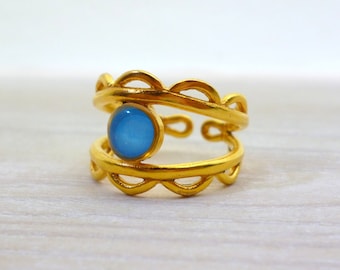 Sky Blue Gold Ring for Women, Blue Stone Ring, Wide Band, Enamel Ring, Everyday Ring, Geometric Ring, Adjustable ring, Open ring