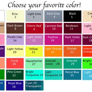 May include: A color chart with 39 different colors, numbered 1 through 39. The colors are arranged in rows and columns, with the names of the colors listed below each color swatch.