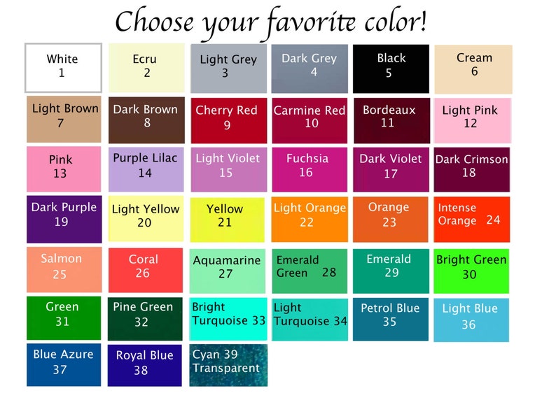 May include: A color chart with 39 different colors, numbered 1 through 39. The colors are arranged in rows and columns, with the names of the colors listed below each color swatch.