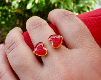 Red Enamel Heart Ring: Adjustable Romantic Jewelry Gift