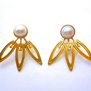 Gold Flower Ear Jacket Art Deco Earrings, Unique Pearl Earrings, Handmade and Modern Earring Jacket image 9