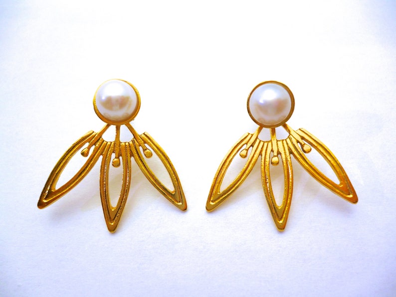 Gold Flower Ear Jacket Art Deco Earrings, Unique Pearl Earrings, Handmade and Modern Earring Jacket image 9