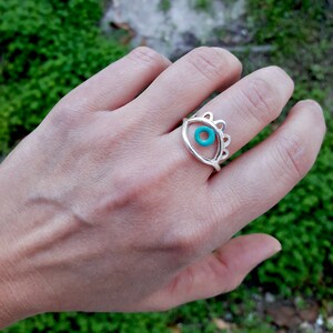 May include: Silver ring with a turquoise eye design. The ring is on a person's finger.