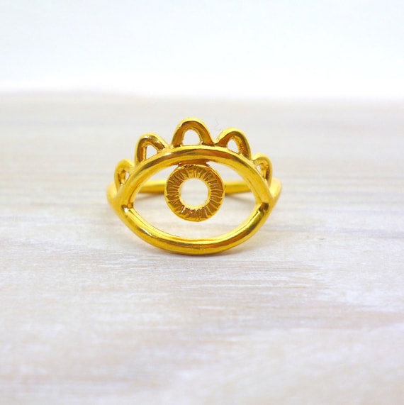 Gold Evil Eye Ring: Adjustable Brass or Sterling Silver