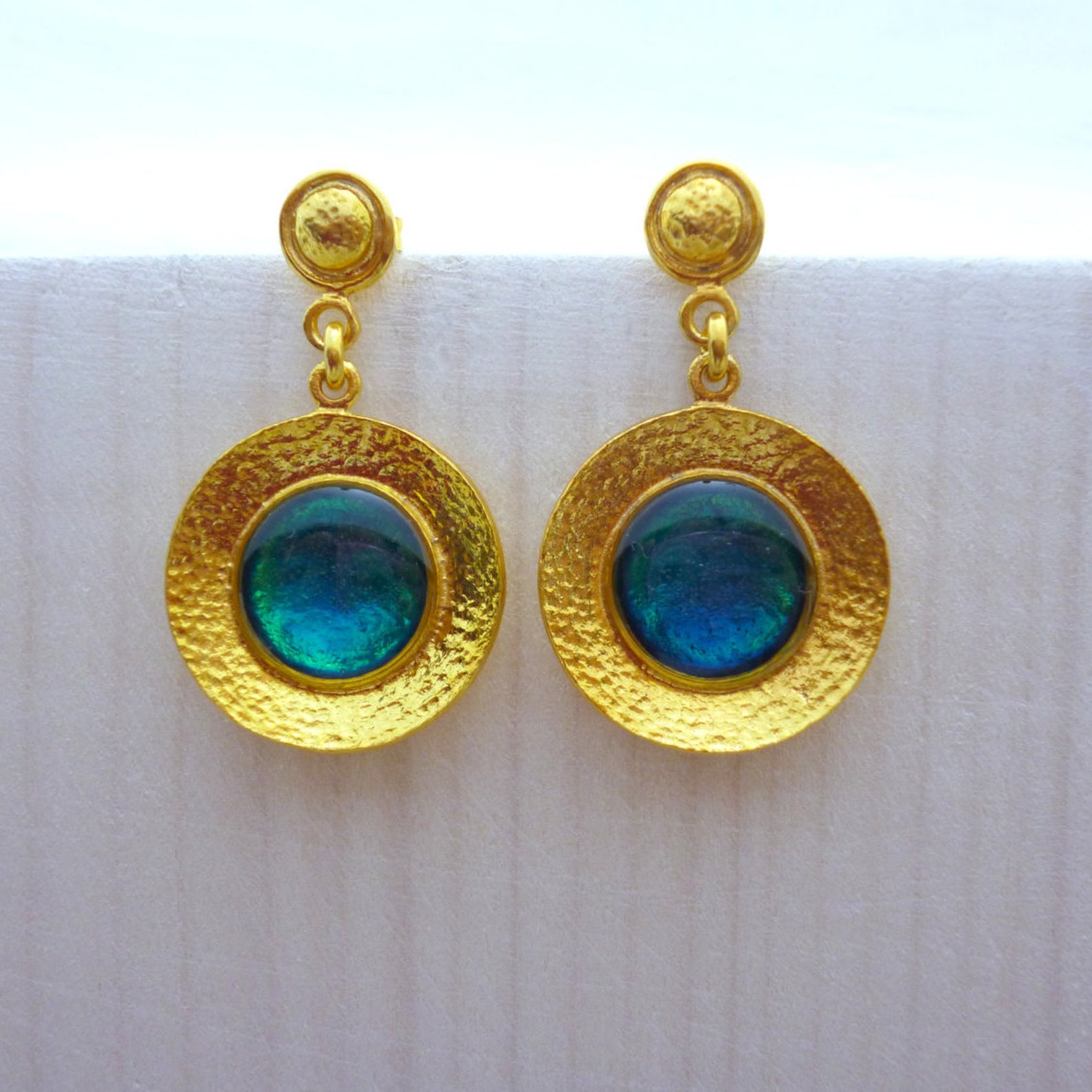 Teal Gold Dangle Greek Earrings Statement Earrings Hammered Etsy