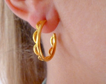 25mm Hoop Earrings Gold, Unique Gift for women, Handmade Modern Jewelry, Medium Gold Hoops, Art Deco Hypoallergenic Earring, Brass or Silver