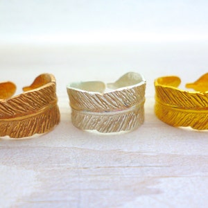Feather Gold Boho Chunky Simple Ring, Brass or Sterling Silver Adjustable Ring, Open Simple Statement Chunky Bohemian Rings, Gift for Women