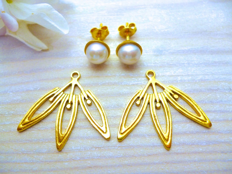 Gold Flower Ear Jacket Art Deco Earrings, Unique Pearl Earrings, Handmade and Modern Earring Jacket image 5