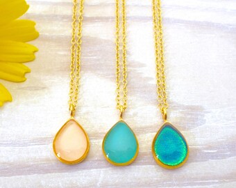Turquoise Resin Enamel Teardrop Necklace, Brass or Sterling Silver Necklace, Dainty Simple Chain Necklace, Personalized Gift for women her