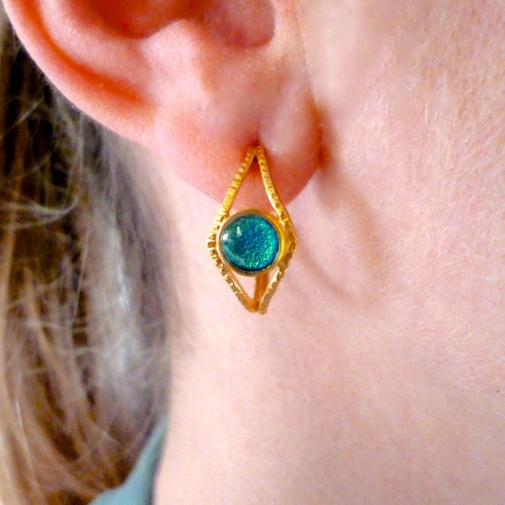 Handmade Teal Enamel Hoop Earrings: Gold Plated Brass, Sterling Silver