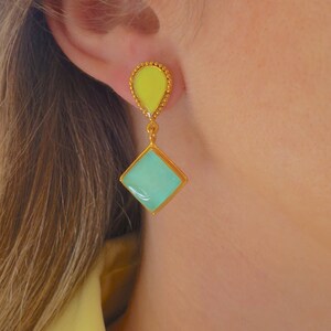 Turquoise Statement Dangle Earrings Gold, Geometric Earrings, Modern Handmade Unique Earrings, Bridesmaid Earrings, Gift for Women for her image 5
